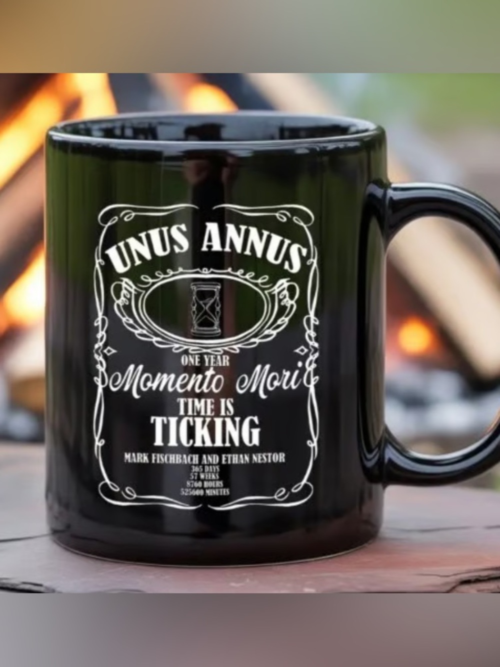 Black 'Unus Annus' Ceramic Coffee Mug - Time Is Ticking Design